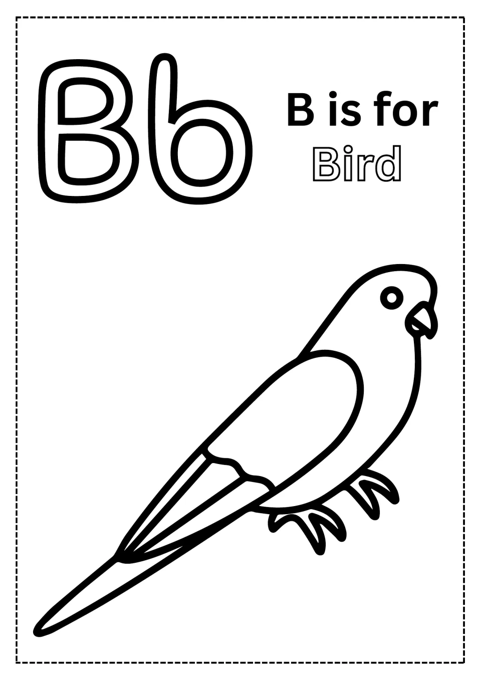 Letter B coloring page: children color bubble letters Bb, the word Bird in outline and a perched parrot-like bird
