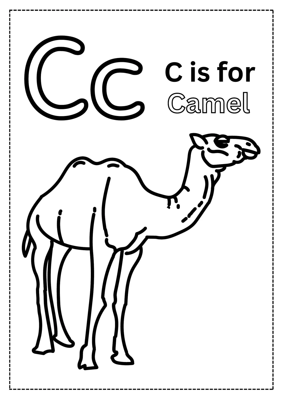 Letter C coloring page: students color outlined Cc letters and the word Camel, then a standing one-humped camel