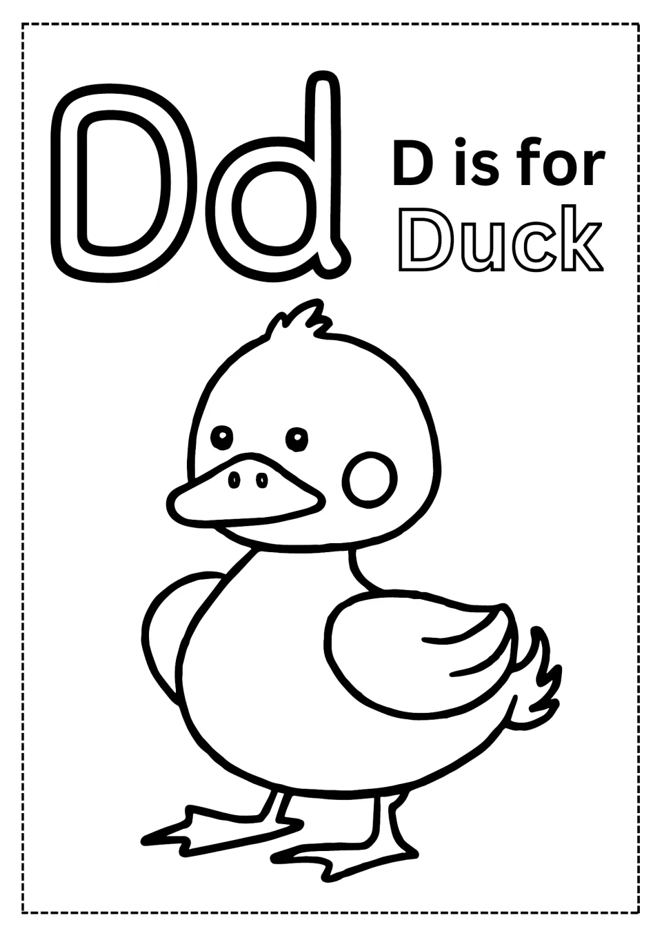 Letter D coloring page: kids color hollow Dd letters, the outlined word Duck and a cartoon duckling with a tuft