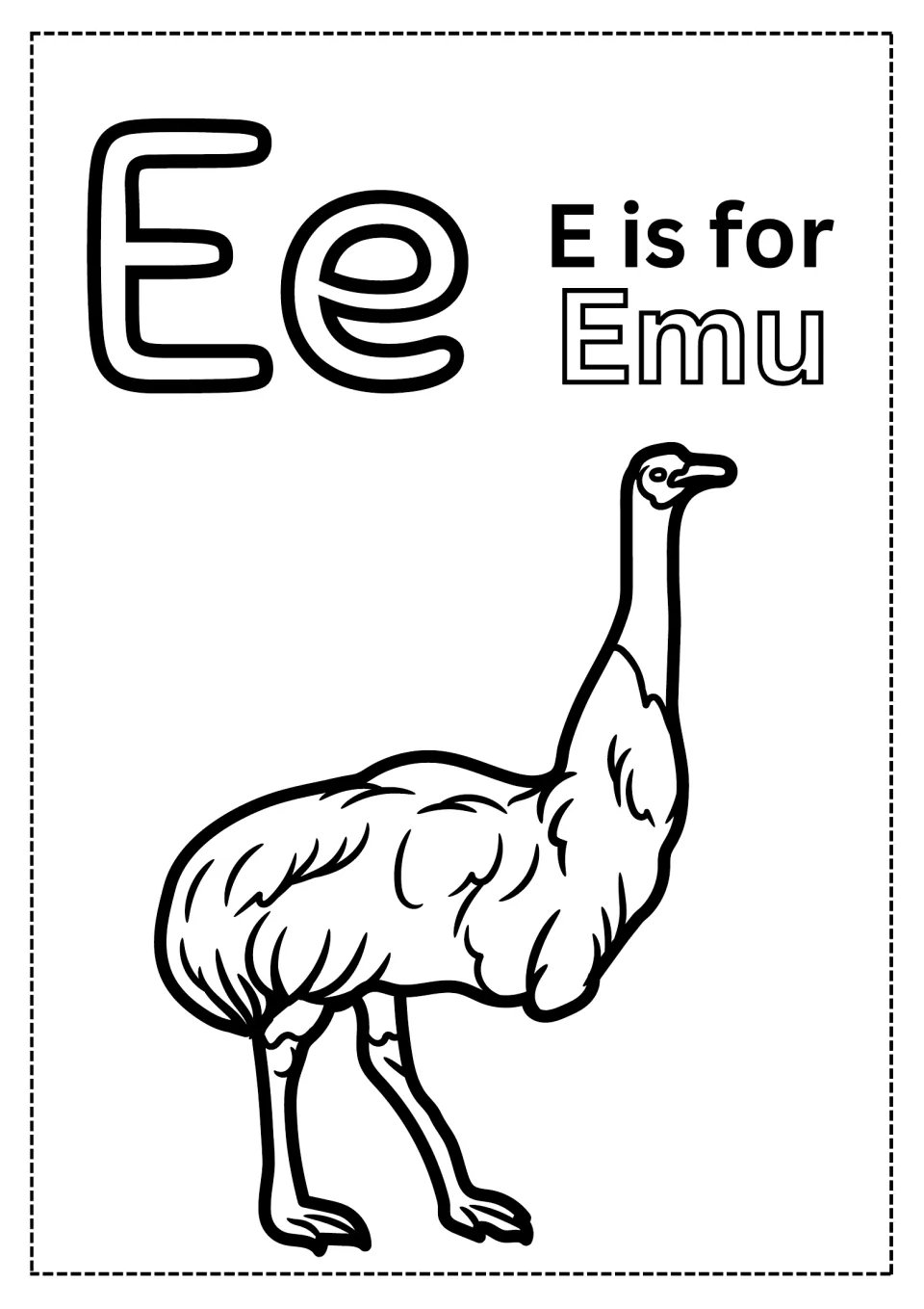 Letter E coloring page: students color bubble Ee letters and the word Emu, plus a long-necked feathered emu