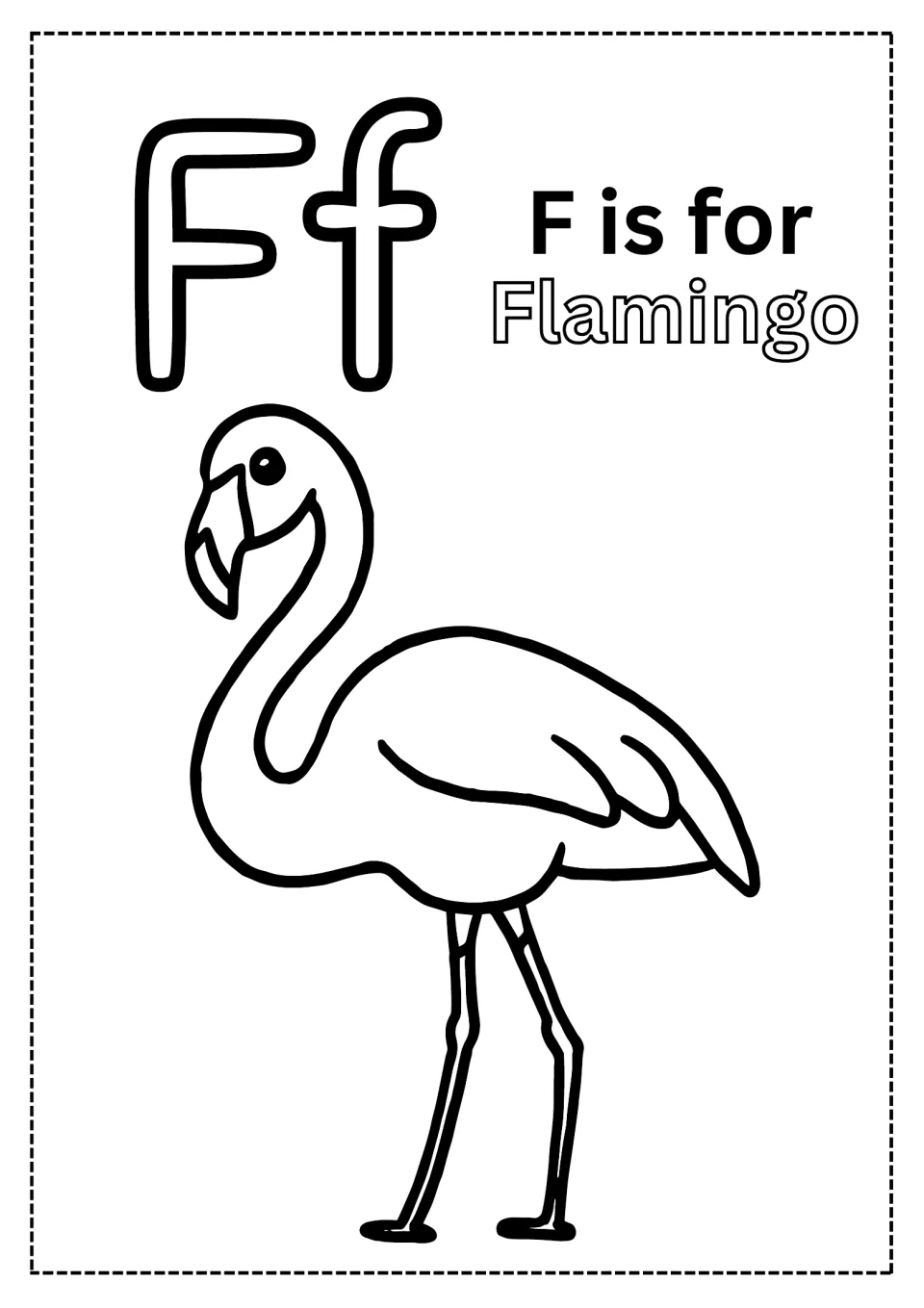 Letter F coloring page: children color outlined Ff letters, the word Flamingo and a flamingo standing on long legs