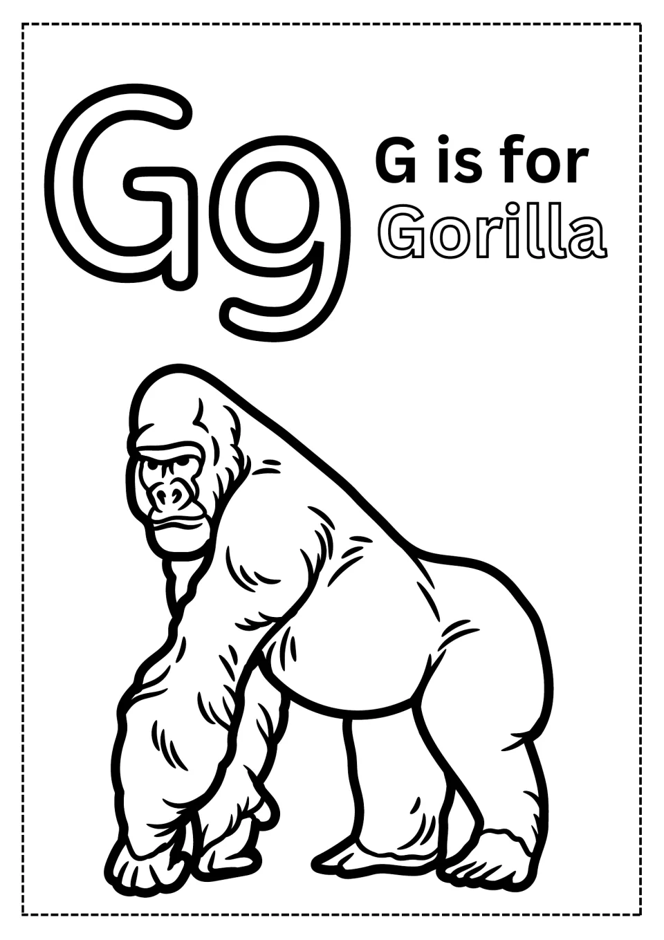 Letter G coloring page: students color hollow Gg letters, the outlined word Gorilla and a gorilla walking on its knuckles