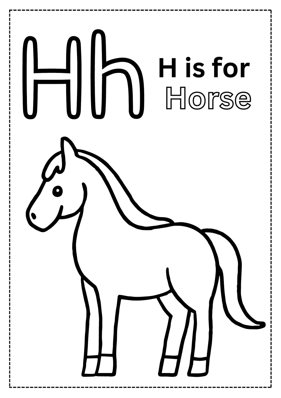 Letter H coloring page: kids color bubble Hh letters and the word Horse in outline, then a smiling standing horse