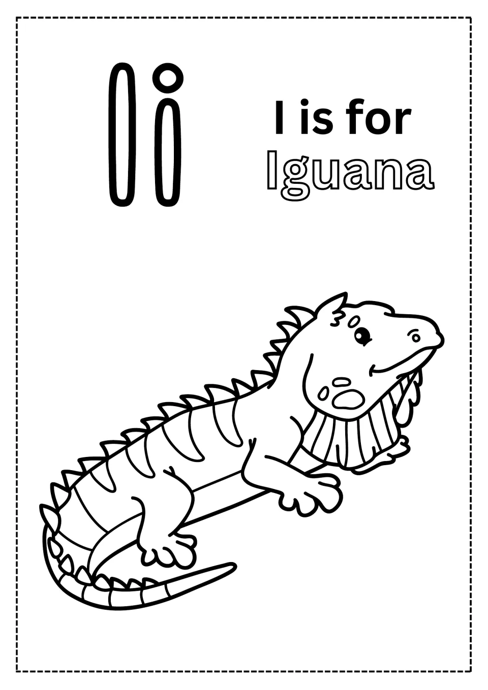 Letter I coloring page: students color outlined Ii letters, the word Iguana and a spiky-backed iguana lying down