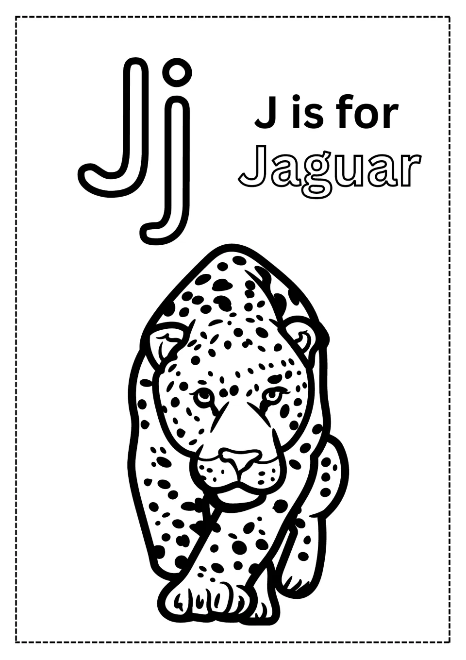 Letter J coloring page: children color hollow Jj letters, the outlined word Jaguar and a spotted jaguar stalking forward