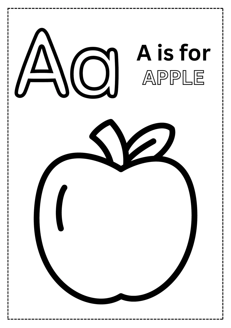 Alphabet coloring page for A: uppercase A, lowercase a, 'A is for APPLE,' and an apple picture to color.