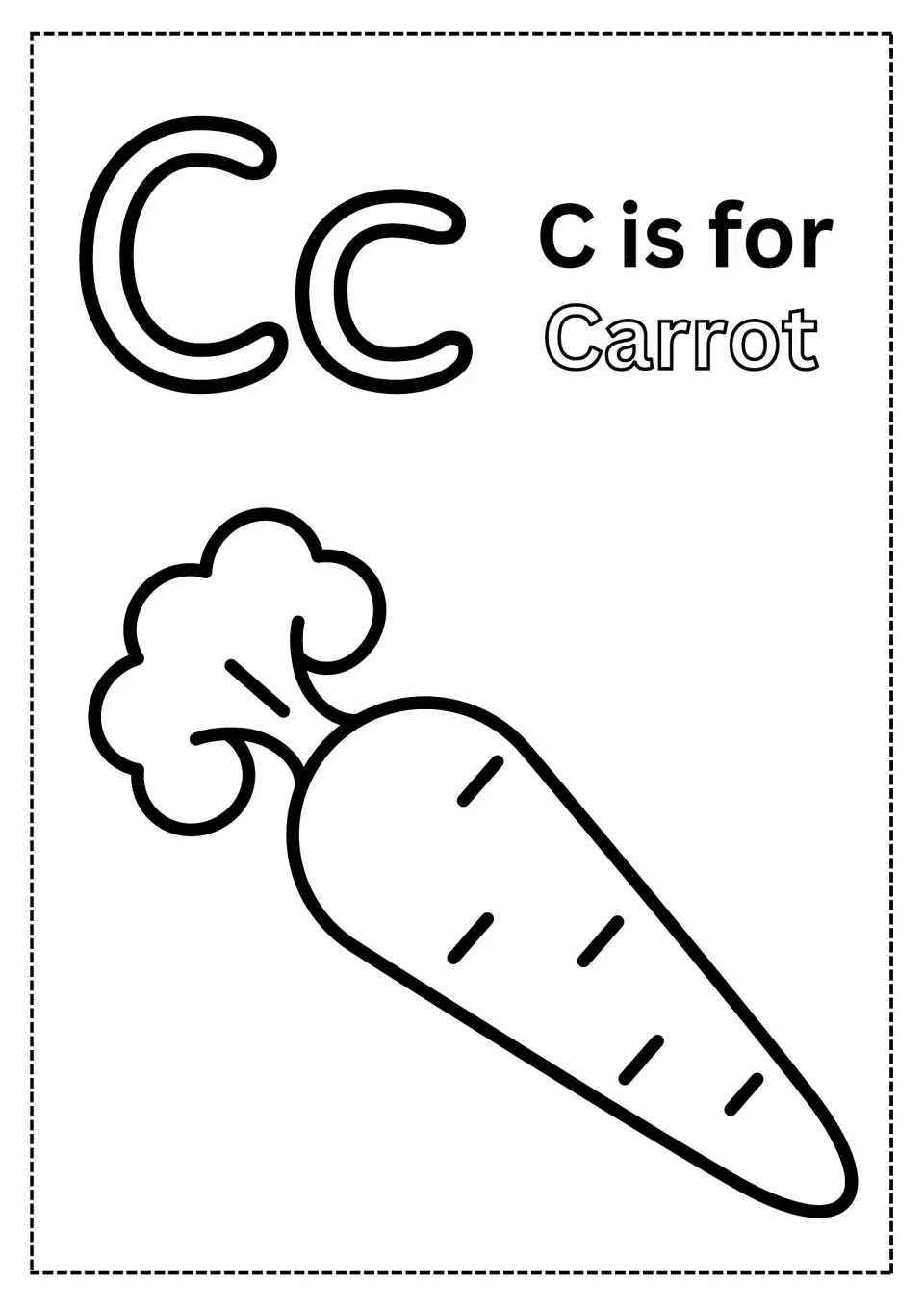 Alphabet coloring page for C: uppercase C, lowercase c, 'C is for Carrot,' and a carrot picture to color.