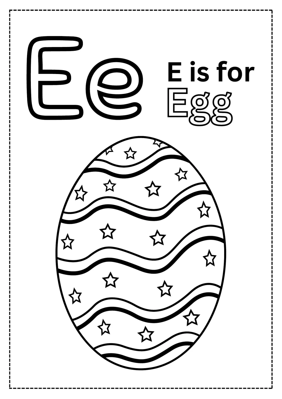 Alphabet coloring page for E: uppercase E, lowercase e, 'E is for Egg,' and a decorated egg to color.