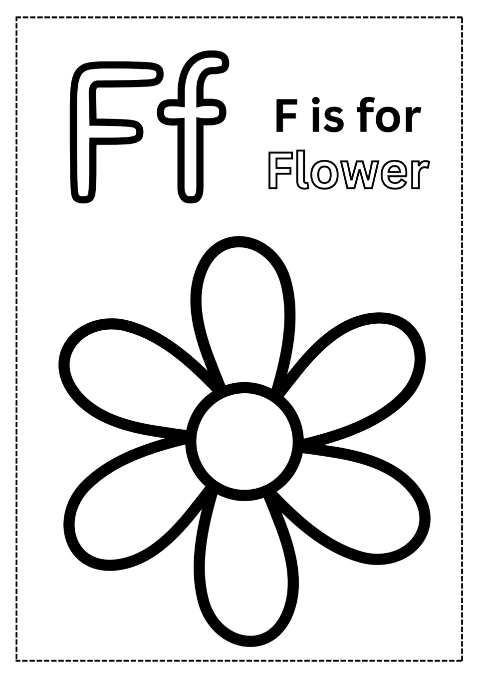 Alphabet coloring page for F: uppercase F, lowercase f, 'F is for Flower,' and a flower picture to color.