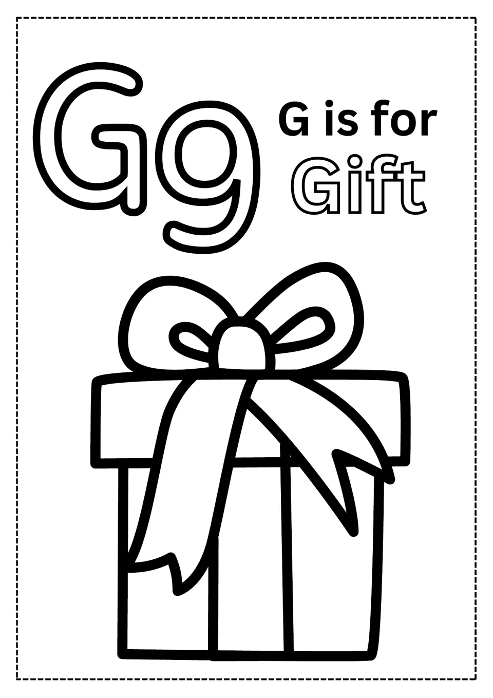 Alphabet coloring page for G: uppercase G, lowercase g, 'G is for Gift,' and a wrapped gift to color.