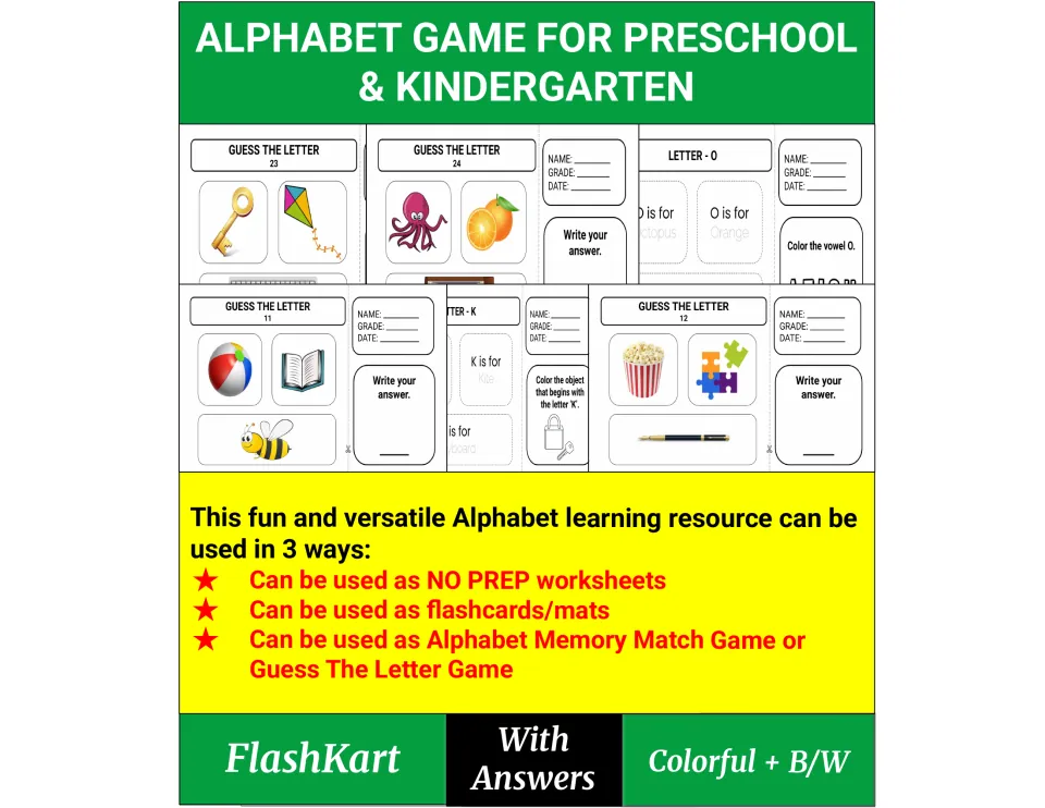 Alphabet Game for Preschool & Kindergarten cover: Guess the Letter cards and letter sheets, usable as worksheets or a game