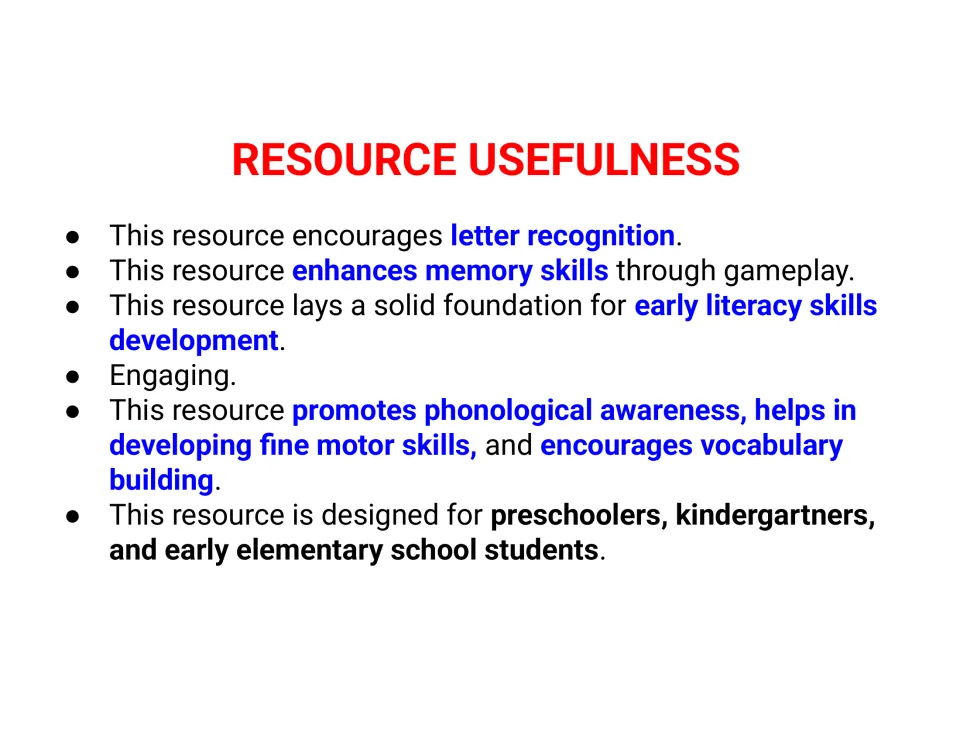 Resource Usefulness list from the seller naming letter recognition, memory, phonological awareness and vocabulary as aims