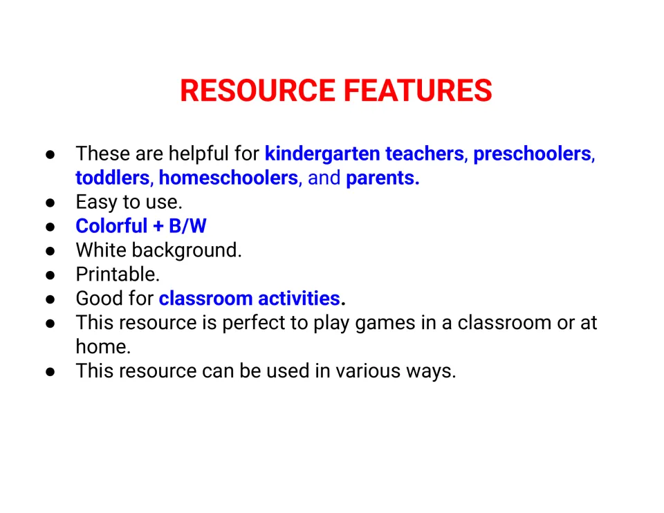 Further resource features list: printable, colorful and black-and-white versions, white background, for class or home
