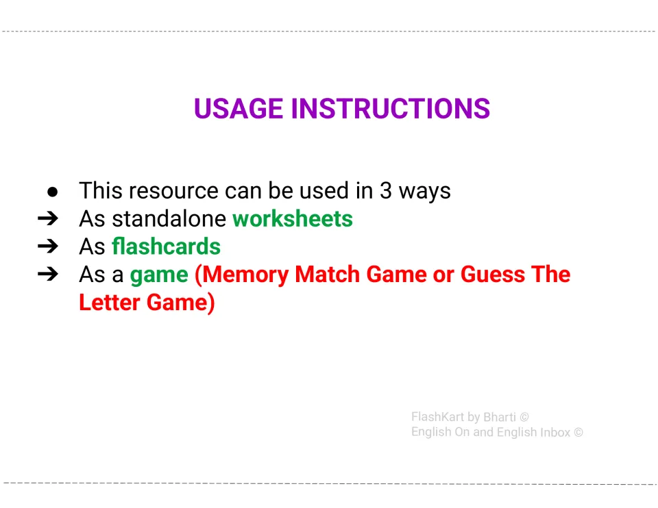 Usage instructions: three ways to use the set, as worksheets, as flashcards, or as a Memory Match or Guess The Letter game