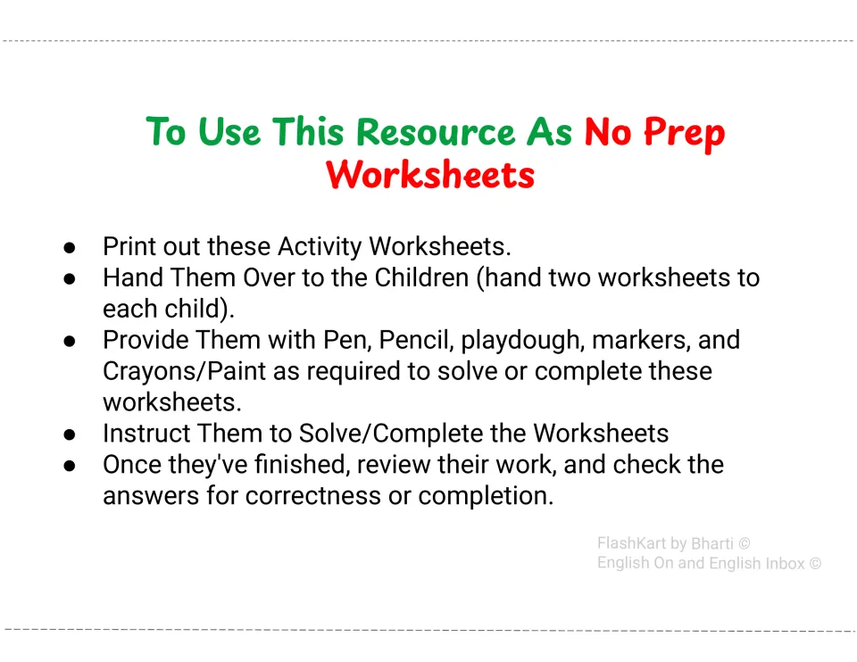 No-prep worksheet directions: print, hand two sheets to each child, supply pencils, crayons or playdough, then review work