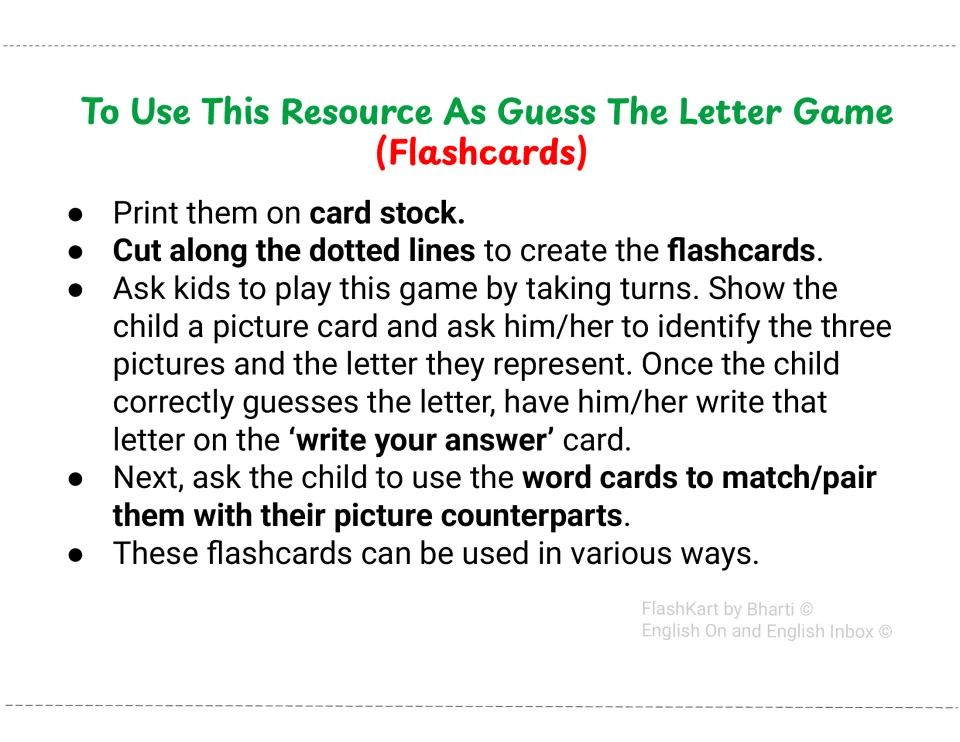 Guess The Letter flashcard game directions: children name three pictures, guess and write the letter, then match word cards