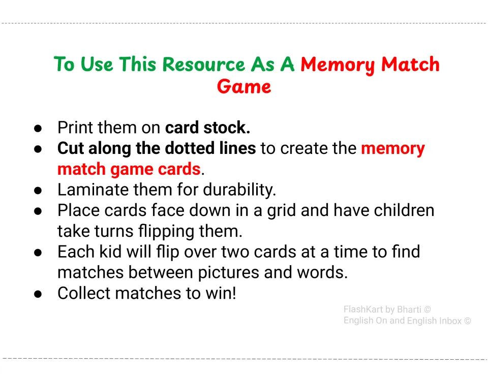 Memory Match game directions: print on card stock and cut, lay cards face down, flip two to pair pictures with words