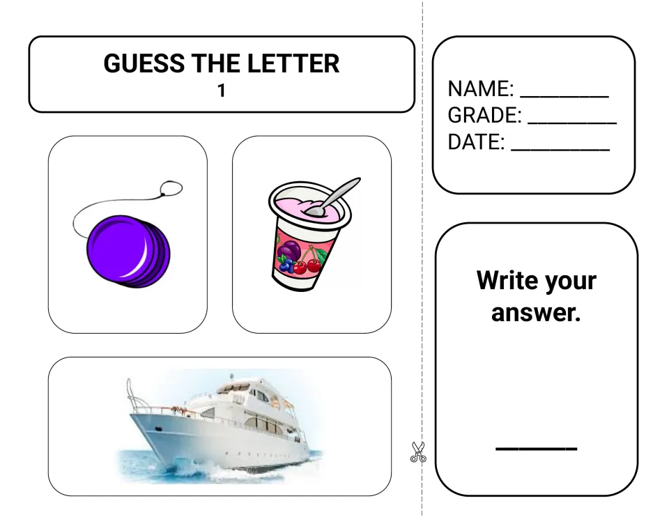 Guess the Letter 1: students name the yo-yo, yogurt and yacht pictures, find the shared first sound and write the letter