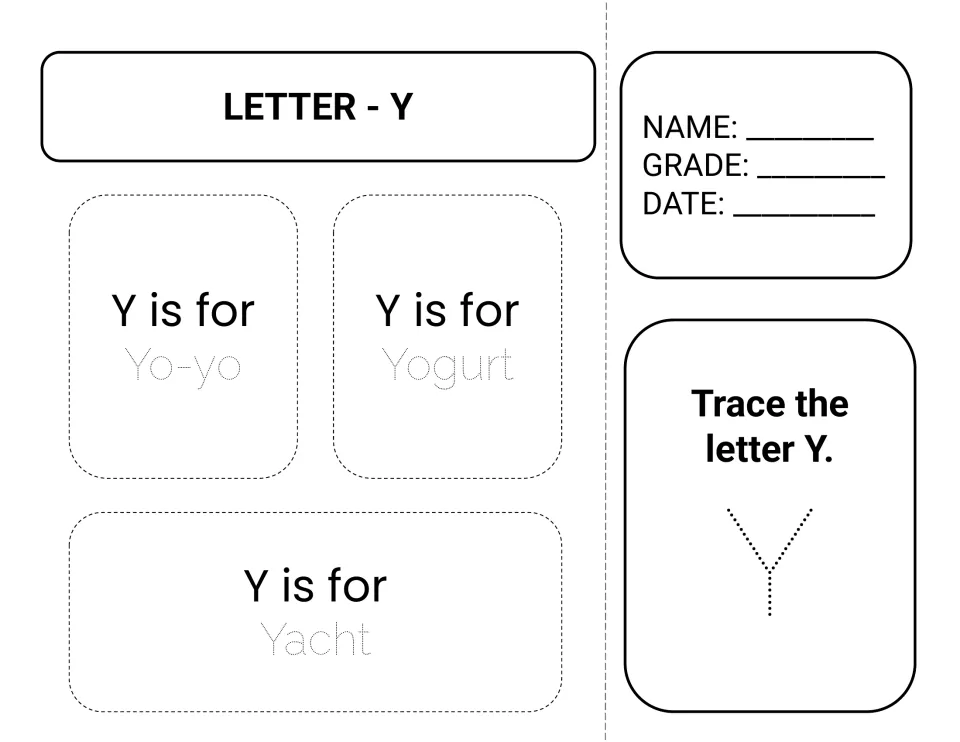 Letter Y: students trace the words Yo-yo, Yogurt and Yacht after 'Y is for' and trace a dotted capital Y for handwriting