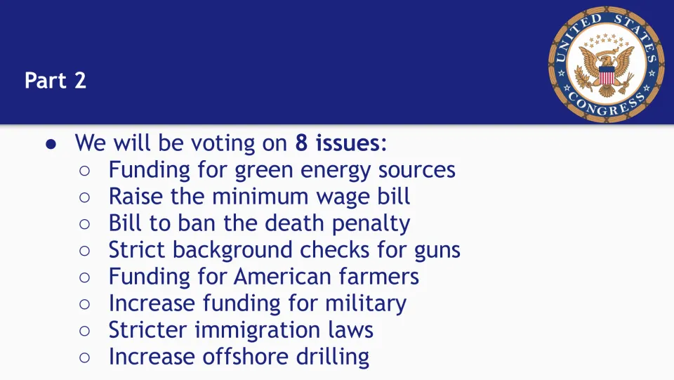 Simulation rules Part 2: the 8 issues up for a vote, from green energy and minimum wage to offshore drilling