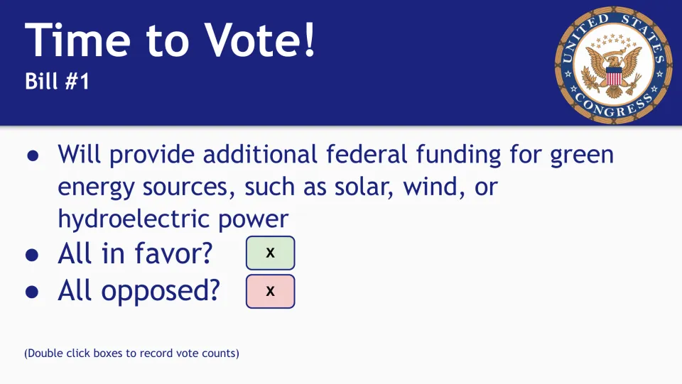 Time to Vote, Bill #1: added federal funding for solar, wind and hydroelectric power, with in-favor and opposed tallies