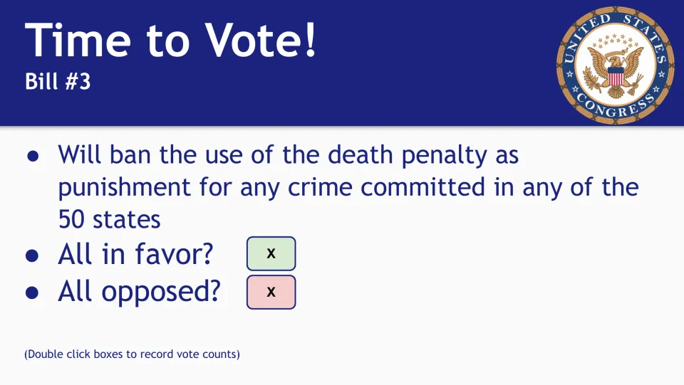 Time to Vote, Bill #3: ban the death penalty as punishment for any crime in all 50 states, with spots to tally votes