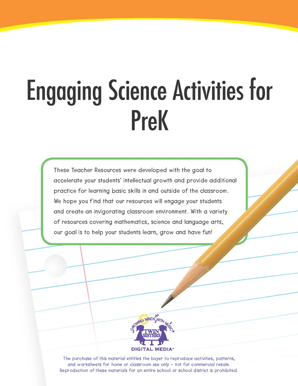 Cover of Engaging Science Activities for PreK by Twin Sisters Digital Media, with a pencil on lined notebook paper