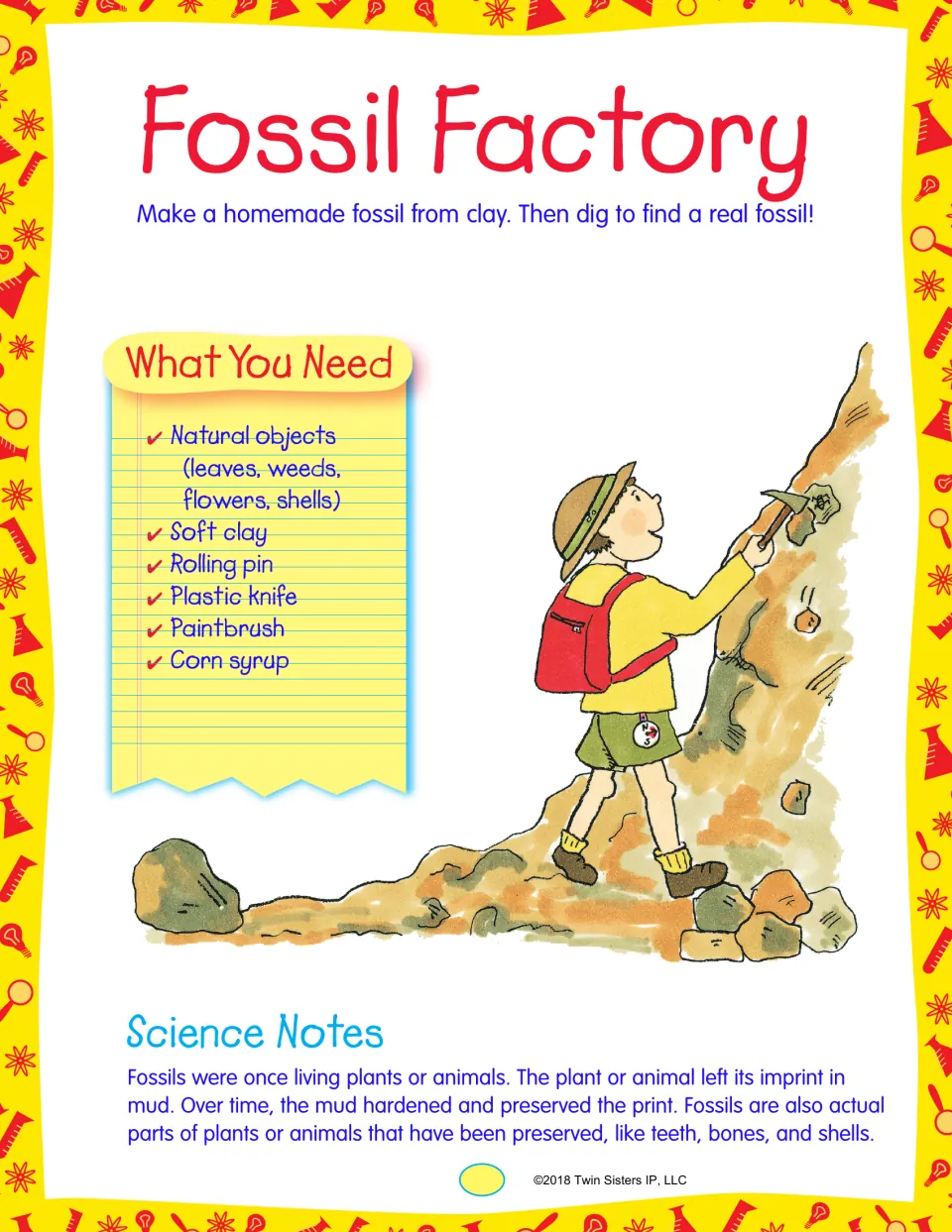 Fossil Factory: materials list for making a clay fossil from leaves or shells, plus science notes on how fossils form