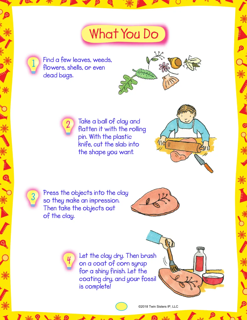 Clay fossil steps: students collect leaves or shells, roll out clay, press objects in for prints, then brush on corn syrup