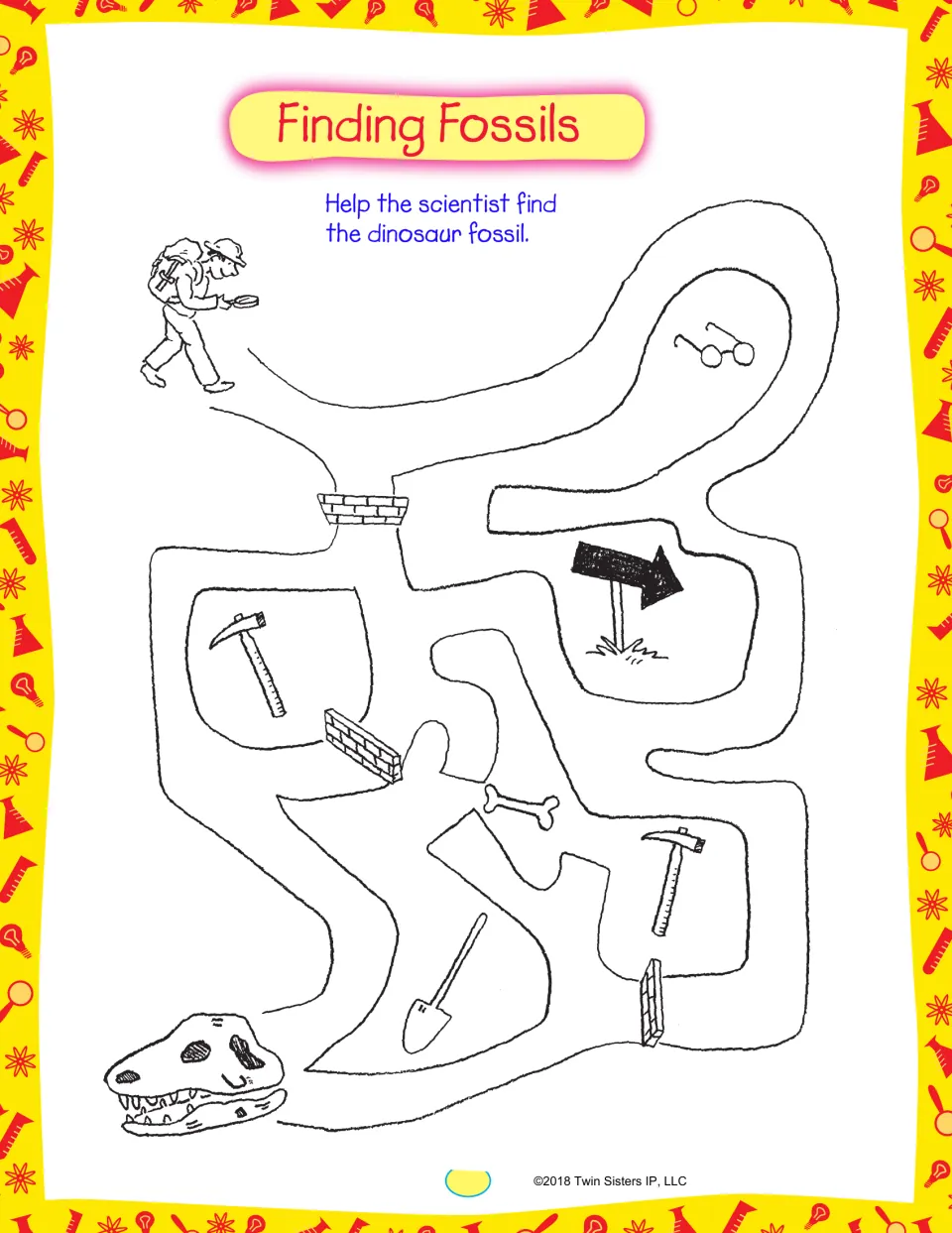 Finding Fossils maze: students trace a path to help the scientist reach the dinosaur skull, passing tools and bones