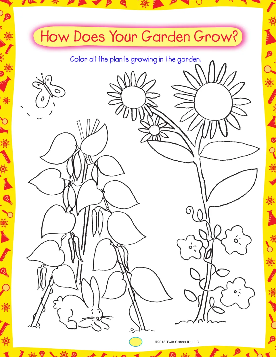 How Does Your Garden Grow? coloring page: students color sunflowers, bean vines and flowers growing in a garden