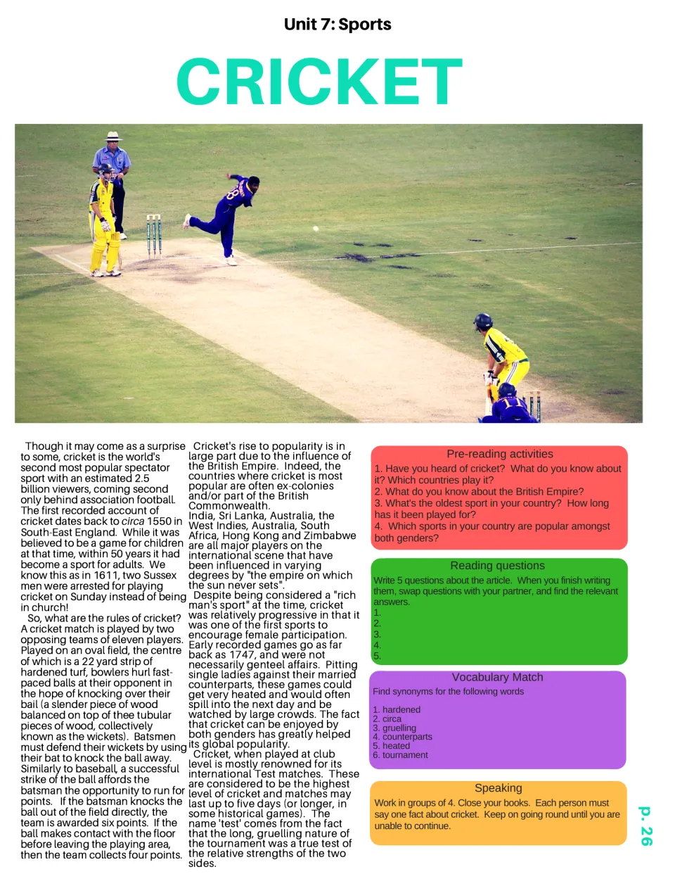 Cricket reading passage on the sport's history and rules, with pre-reading, question writing and synonym matching