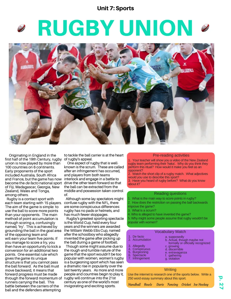 Rugby union article on tries, scrums and history, followed by comprehension questions and a 7-word vocabulary match