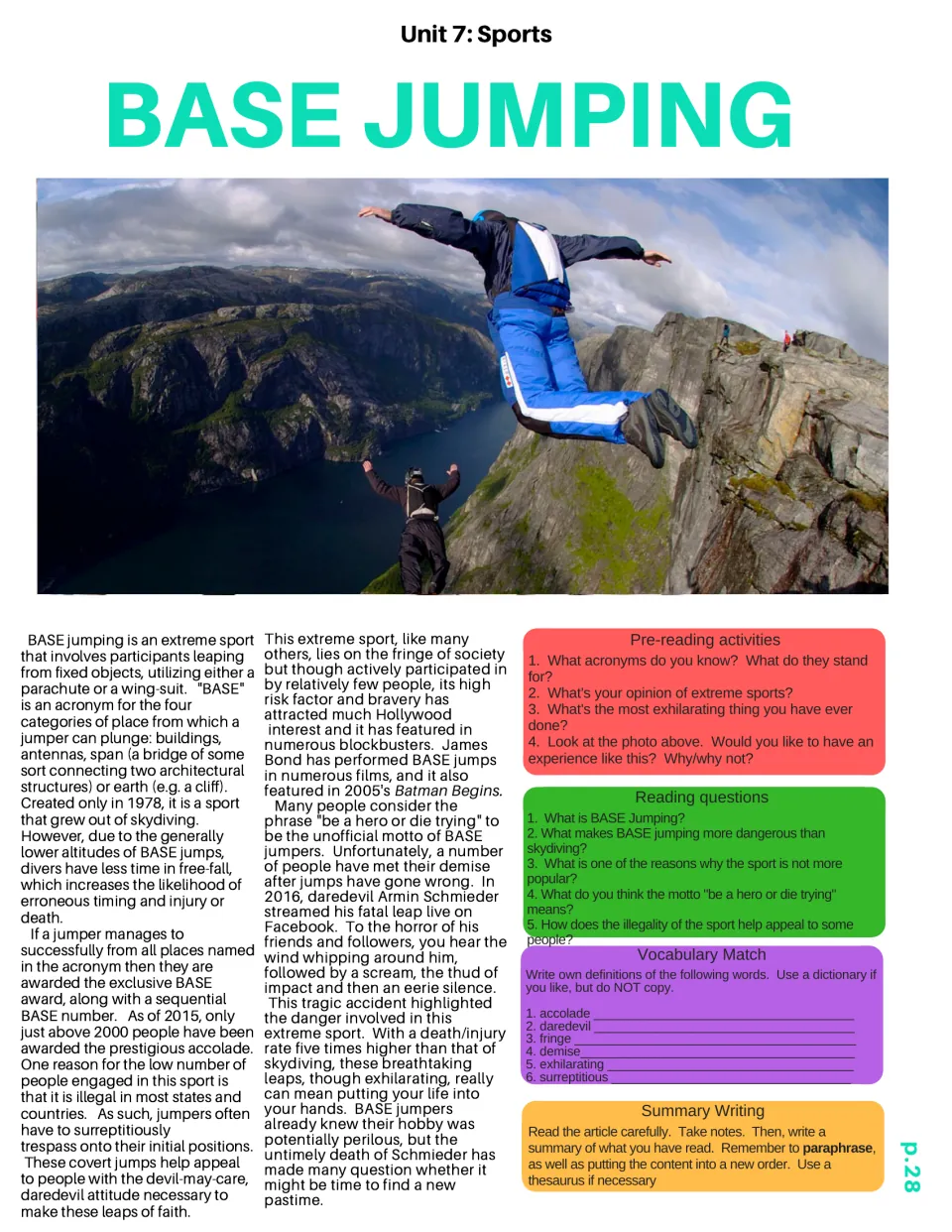 BASE jumping article on the acronym and risks; students answer questions, define six words and write a summary