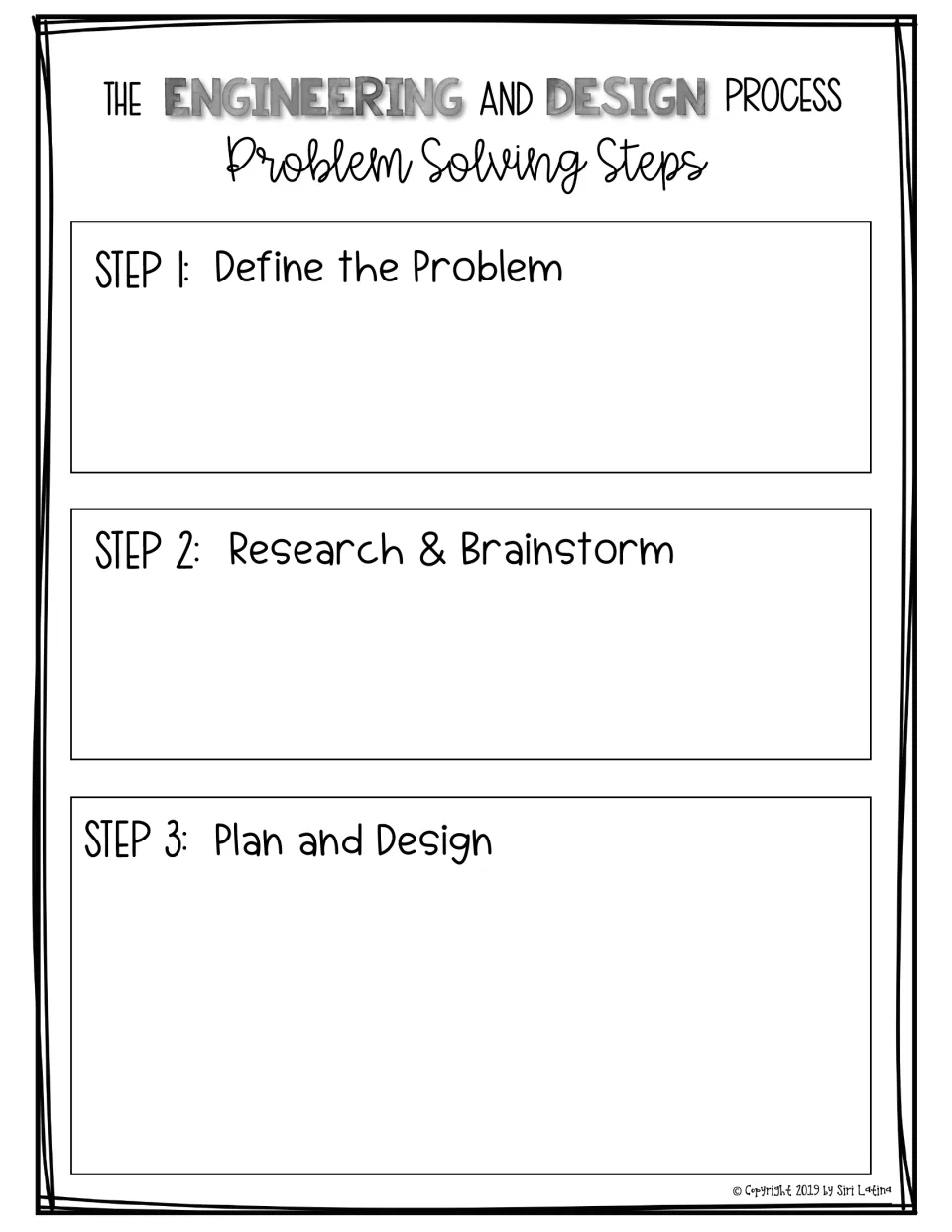 Problem-solving steps 1 to 3: students record what Define the Problem, Research & Brainstorm, and Plan and Design mean