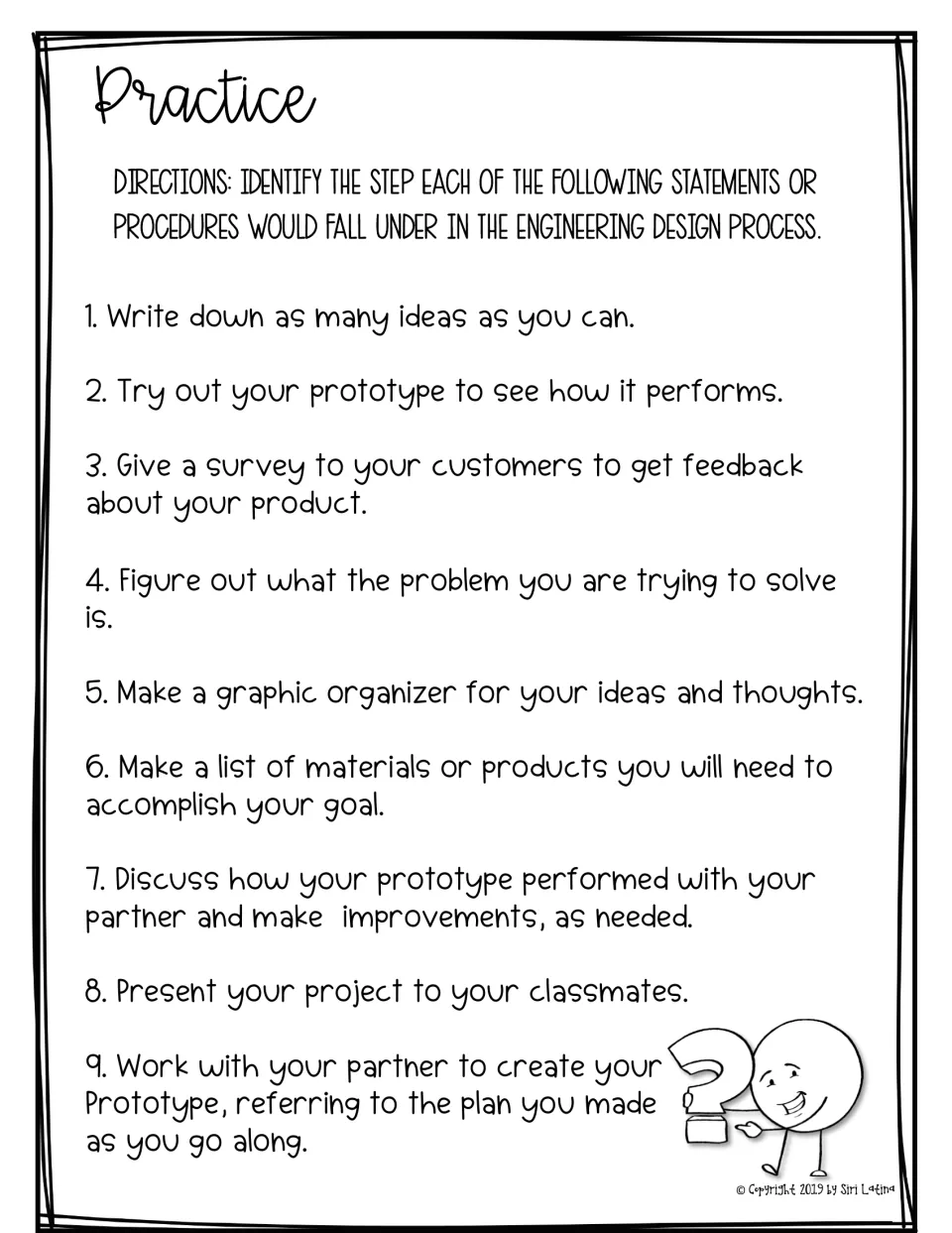 Design process practice: students identify which step each of 9 statements fits, such as testing a prototype