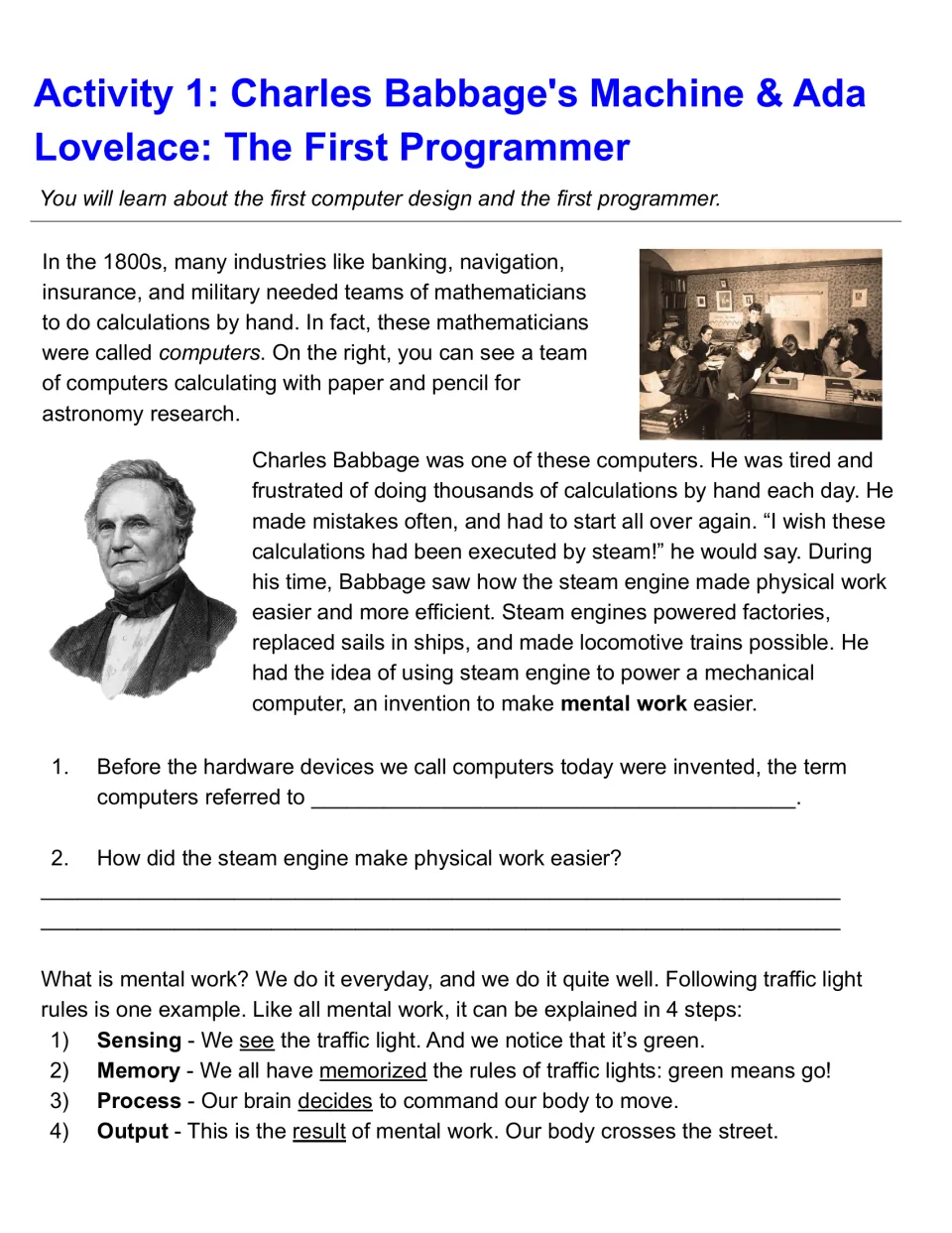 Charles Babbage and human computers: students read about early calculating and answer questions on the steam engine idea