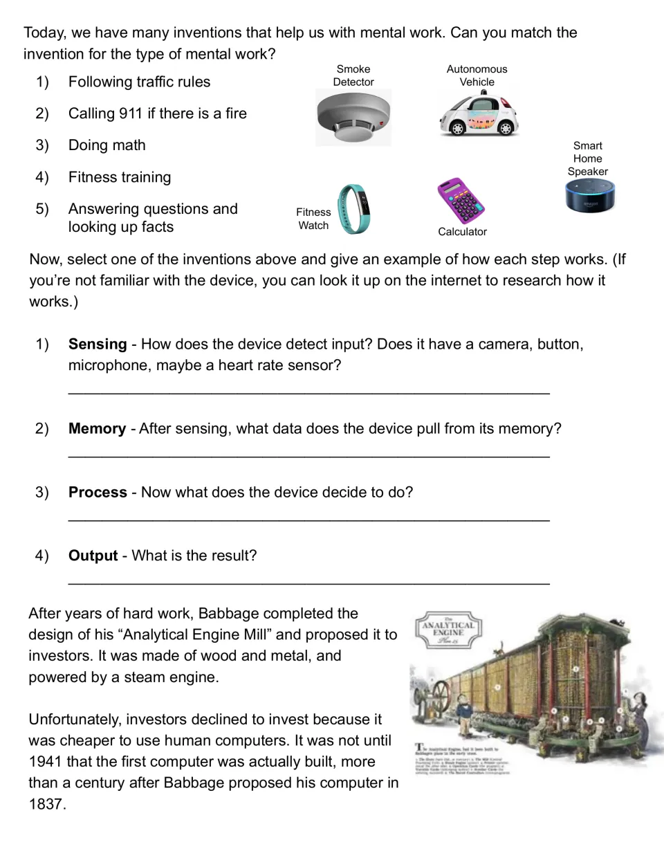 Inventions for mental work: students match five devices to tasks, then explain sensing, memory, process, output