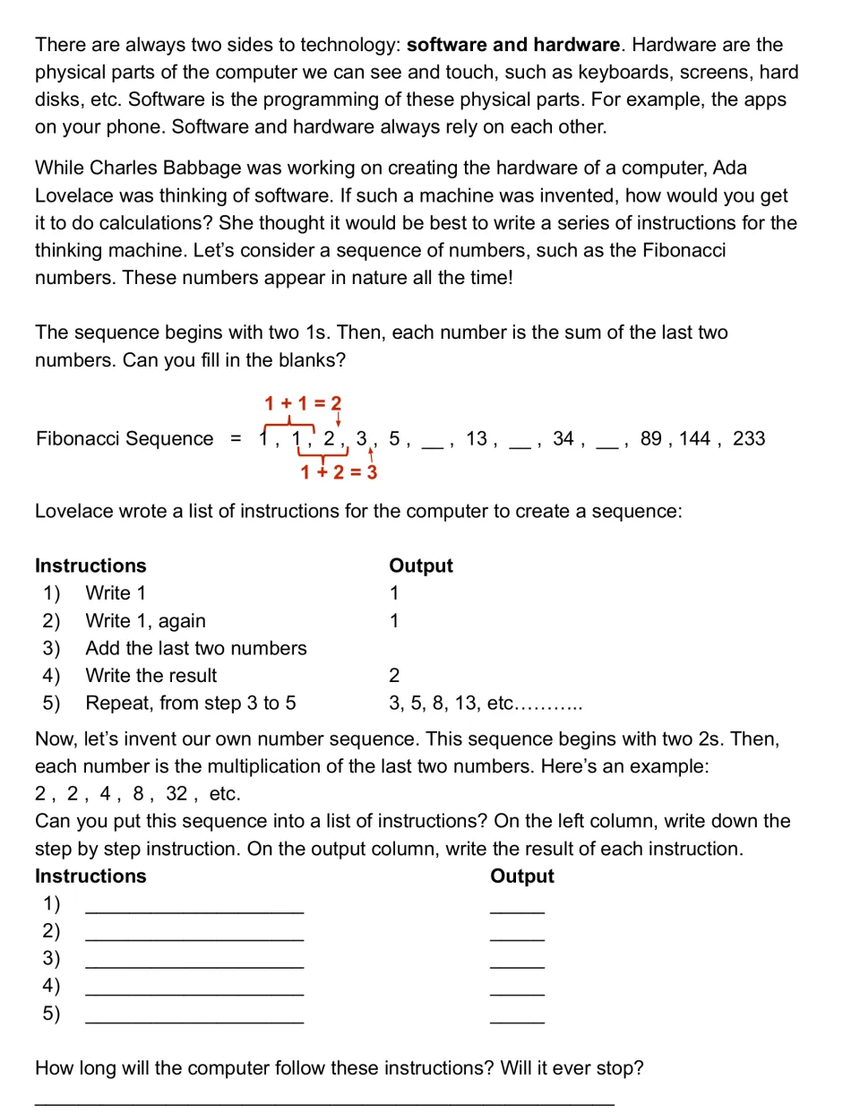 Ada Lovelace and the Fibonacci sequence: students fill in blanks and write step-by-step instructions for a sequence