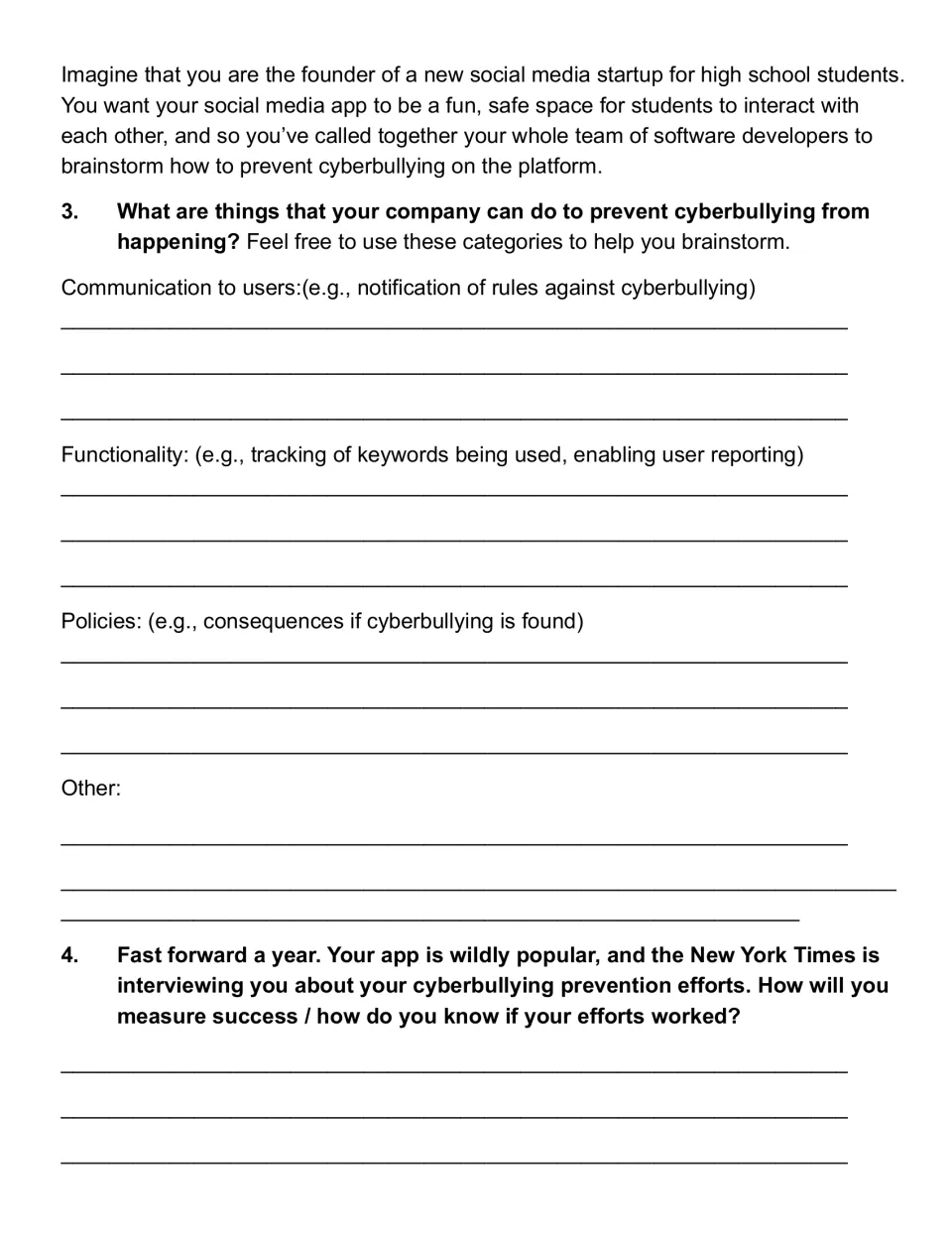 Social media startup scenario: students brainstorm communication, functionality and policy fixes for cyberbullying