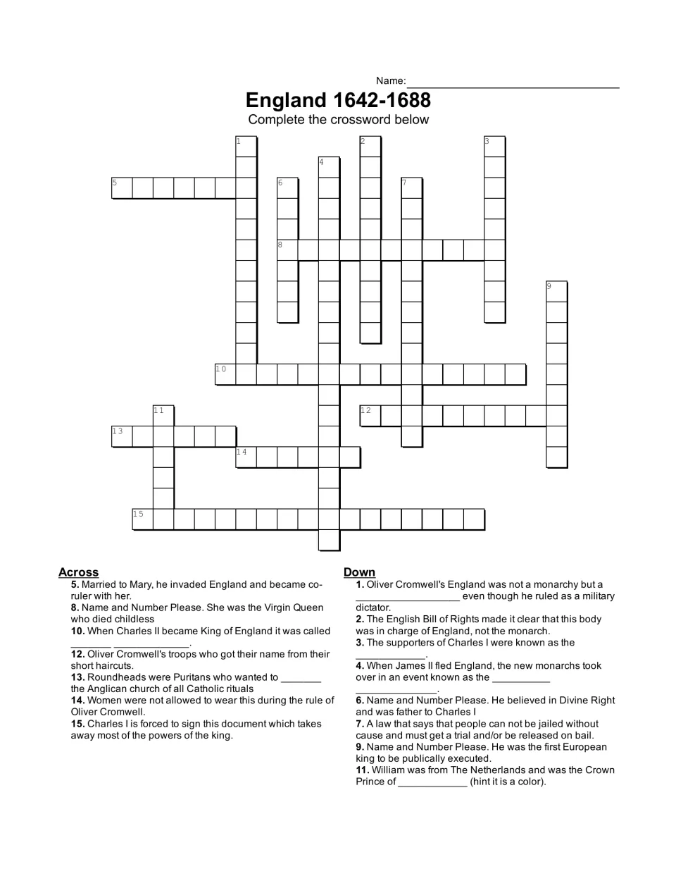 England 1642–1688 crossword without a word bank: 15 clues about monarchs, Parliament, and political change.