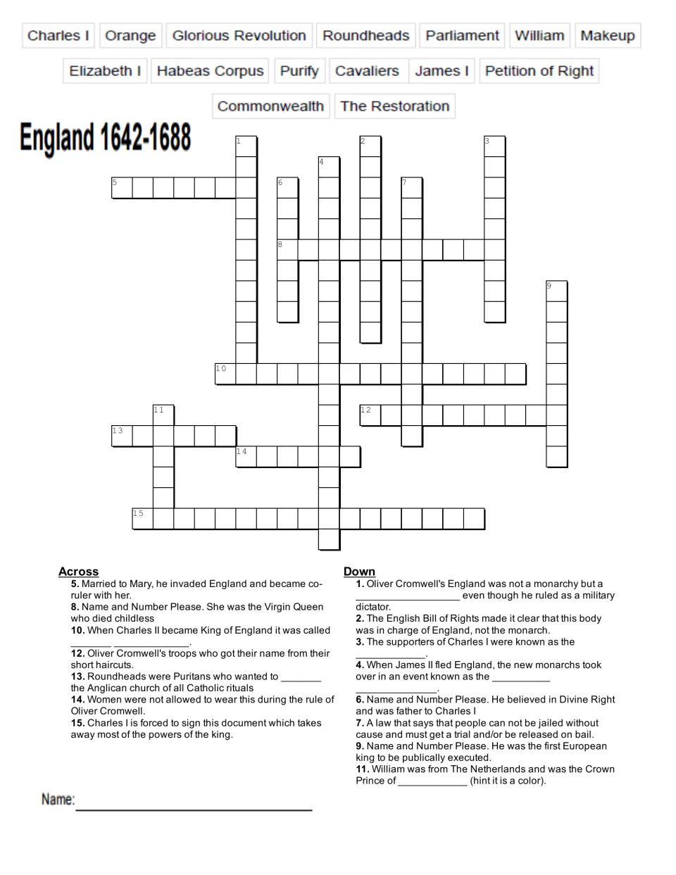 Crossword version with a word bank of 15 answers, including Charles I, Cavaliers, and Petition of Right.
