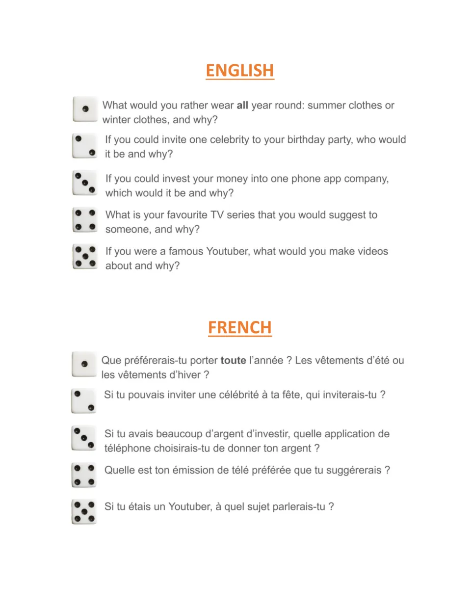 Dice question set 1 in English and French: roll to answer prompts on summer clothes, a celebrity guest, apps and YouTube
