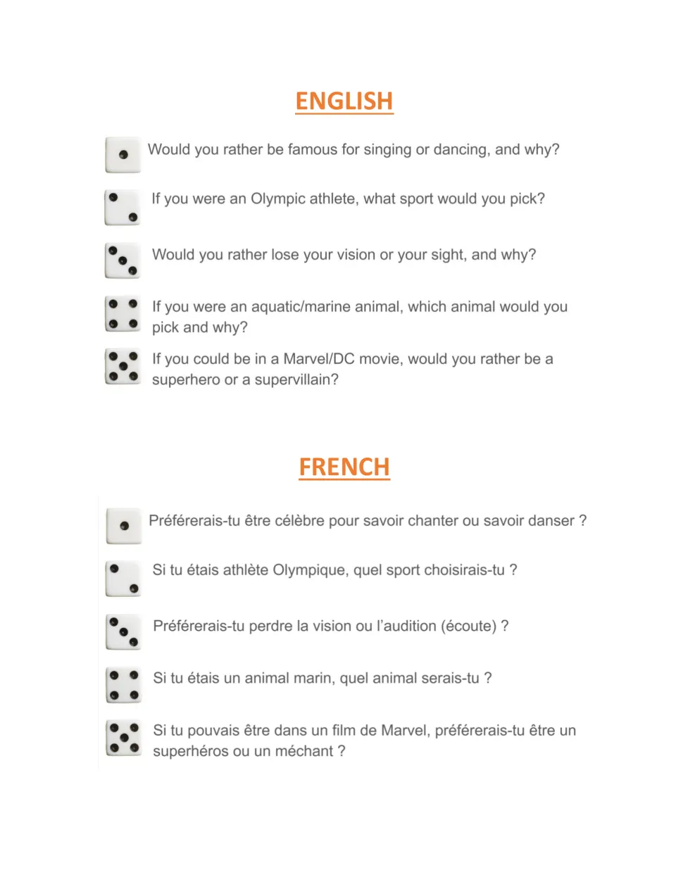 Dice question set 3 in English and French: would-you-rather prompts on singing, Olympic sports, sea animals and superheroes