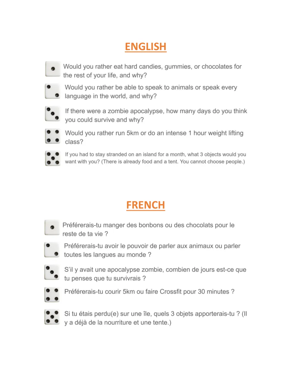Dice question set 4 in English and French: roll to discuss candy, talking to animals, a zombie apocalypse and island objects