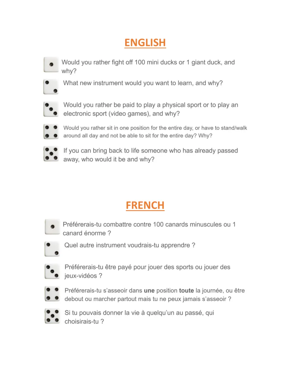 Dice question set 5 in English and French: roll for a duck fight, a new instrument, sports vs video games, sitting all day
