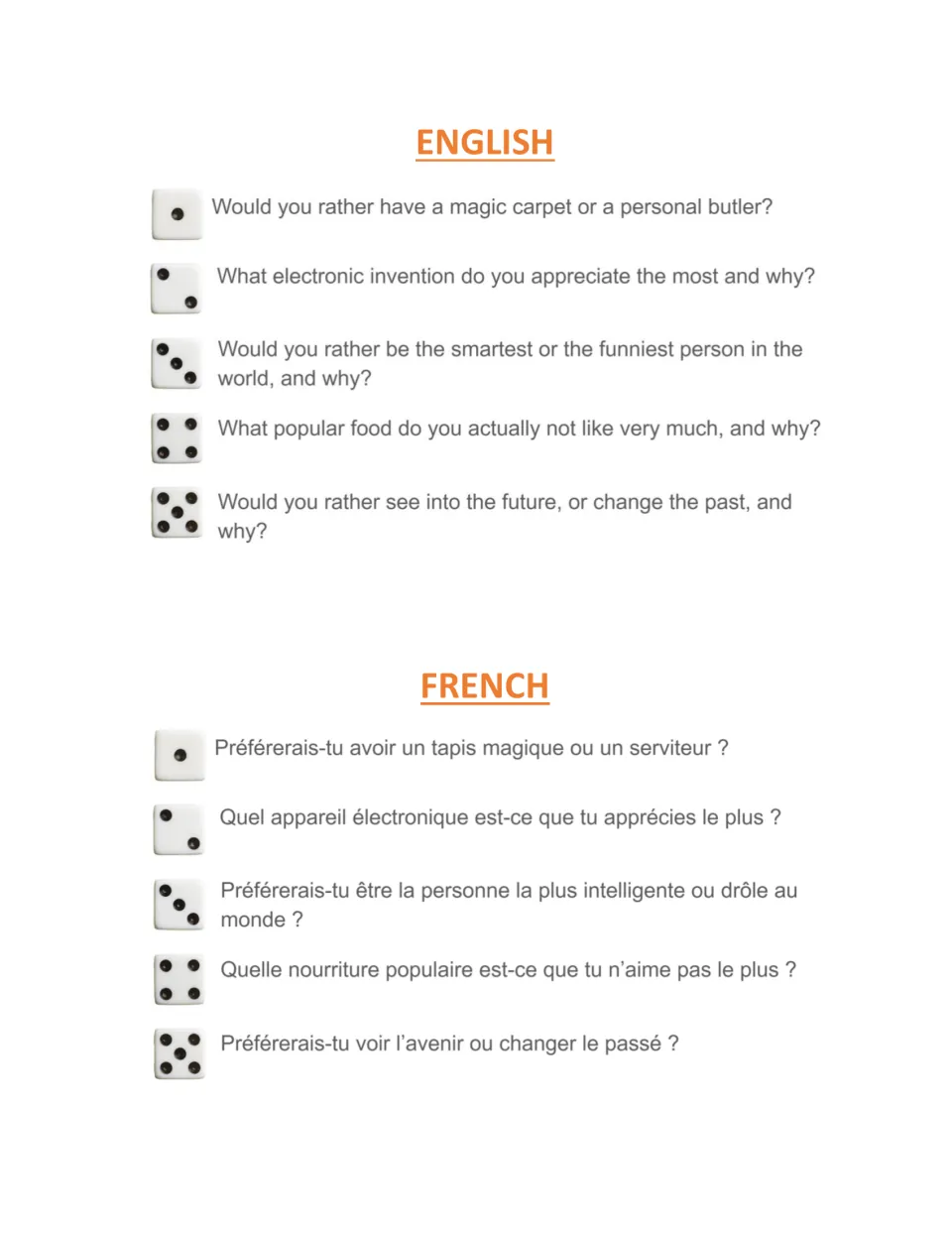 Dice question set 6 in English and French: magic carpet or butler, favourite invention, smartest or funniest, future or past