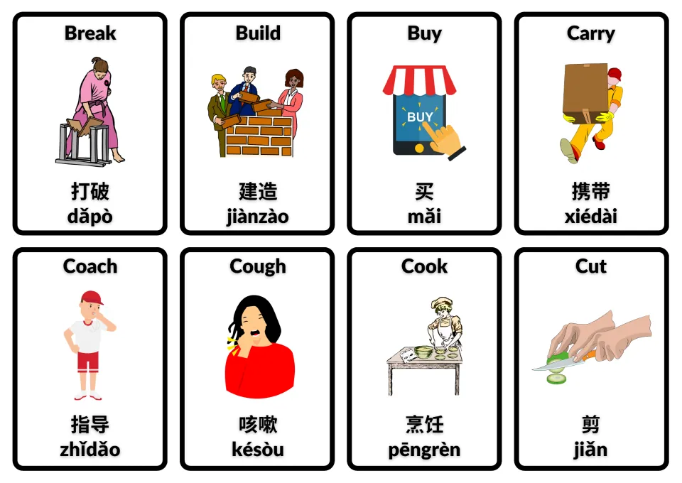 English–Chinese action flashcards with Pinyin: break, build, buy, carry, coach, cough, cook and cut