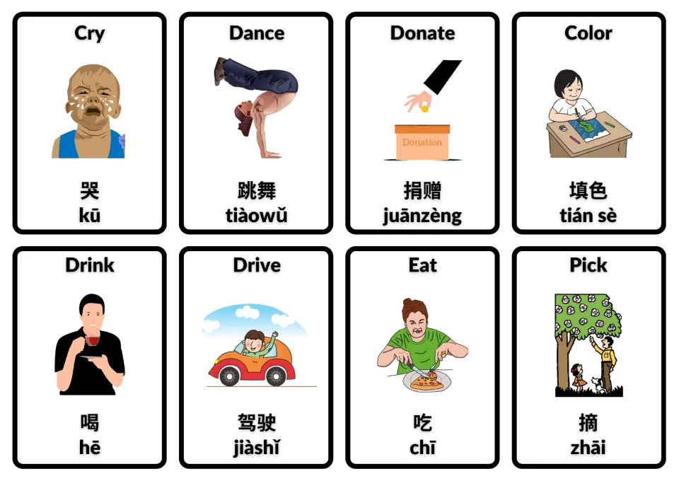 English–Chinese action flashcards with Pinyin: cry, dance, donate, color, drink, drive, eat and pick