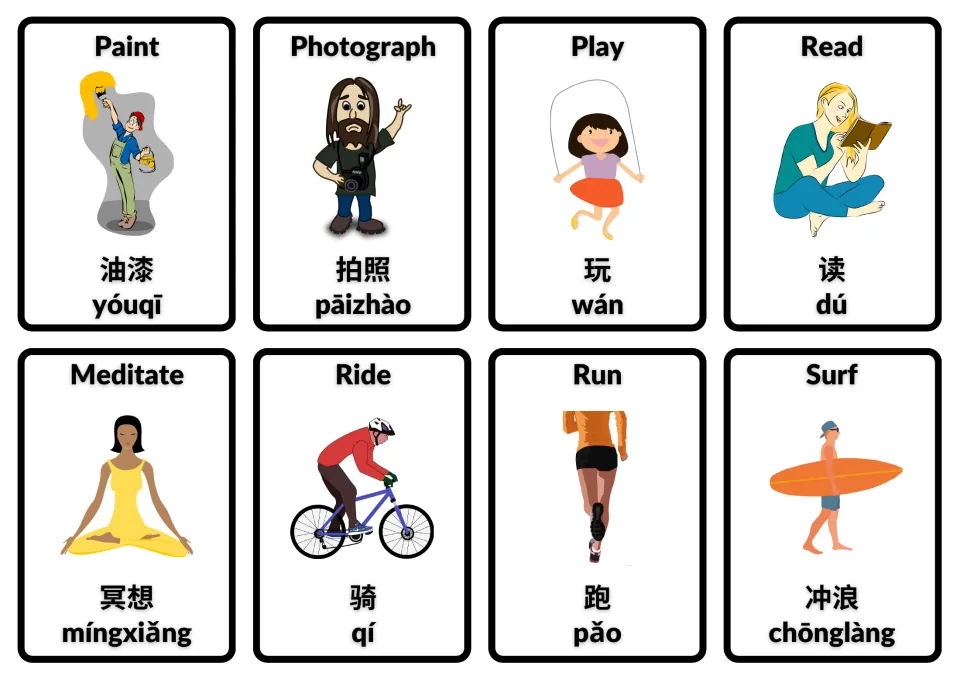 English–Chinese action flashcards with Pinyin: paint, photograph, play, read, meditate, ride, run and surf
